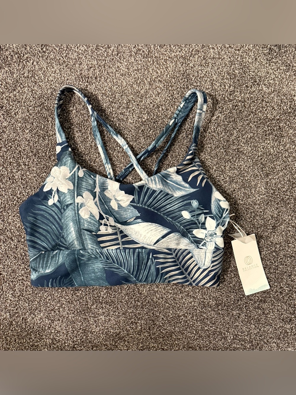 NWT Balance Collection Navy, Green & White Tropical Strappy Sports Bra